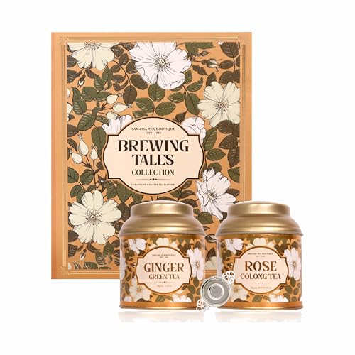 Image of Sancha Tea Boutique, Brewing Tales Collection, Luxury Gift Box with Ginger Green (50g), Rose Oolong (25g) & Premium Mesh Infuser | Botanical Print Box with Ribbon & Carry Bag