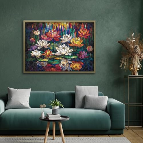 Image of iDream 1000 Pieces Jigsaw Puzzle - Artistic 3D Design, Colorful Wall Decor, Challenging Puzzle Gift for Friends & Family (Stained Glass - Lotus)