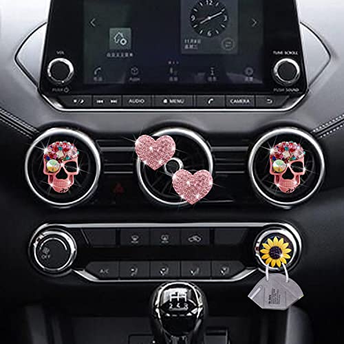 Image of Pink Heart & Skull Air Vent Clips - 4 Pcs Diamond Car Interior Decor, Bling Skeleton Air Fresheners, Vents Clips, Funny Car Accessories + Sunflower Mask Hook