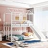 Metal Bunk Bed Twin Over Twin House Bunk Bed Frame with Slide Full Length Guardrail and Roof for Kids Toddlers Girls Boys WhiteWhite Slide