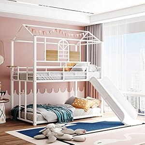 Metal Bunk Bed, Twin Over Twin House Bunk Bed Frame with Slide, Full-Length Guardrail and Roof, for Kids Toddlers Girls Boys, (White+White Slide) Metal Bunk Bed Twin Over Twin House Bunk Bed Frame with Slide Full Length Guardrail and Roof for Kids Toddlers Girls Boys WhiteWhite Slide