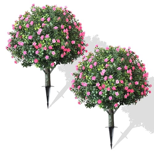 2-Pack Artificial Boxwood Topiary Ball Plant with Pink Flowers, Ground Stake, UV-Resistant Outdoor & Indoor Decorative Flowers