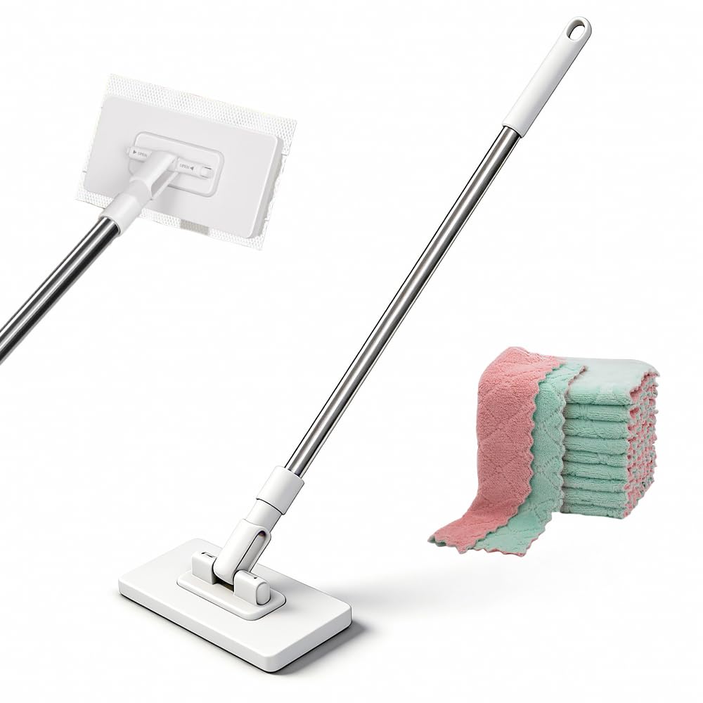 Wxeadu White Disposables Dust Mop, Lazy Mop With 10 Reusable Cloths, Clip Wet Wipes Mops, Hands-Free Mini Mops With Automatic Cloth Changing & 360°, Detachable Press Clamp Wipes Cleaner For Bathroom Kitchen