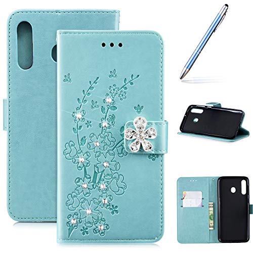Robinsoni Case Compatible with Samsung Galaxy M30 PU Leather Case Wallet Case Sparkle Bling Cover Glitter Notebook Magnetic Flip Stand Cover Cash Pouch Folio Gel Bumper Protective Shell, Green