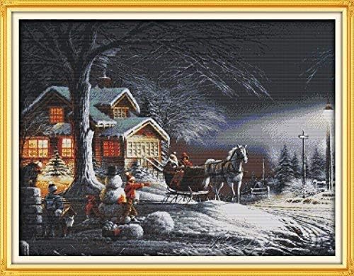 Happy Forever Cross Stitch Kits 11CT Stamped Patterns for Kids and Adults, Preprinted Embroidery kit for Beginner, Winter Snow Scenery (F519 Winter Snow, Size 31''x24'')