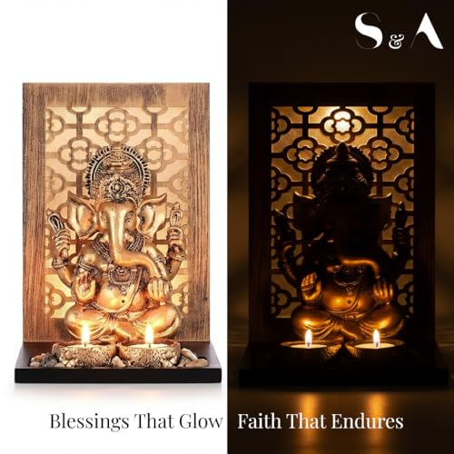 Image of S & A Antique Ganesha Idol with Backlit Design - Decorative Showpiece for Home & Office Decor | Includes Diya & Pebble Arrangement | Festive & Gifting Accent | 23.5 cm