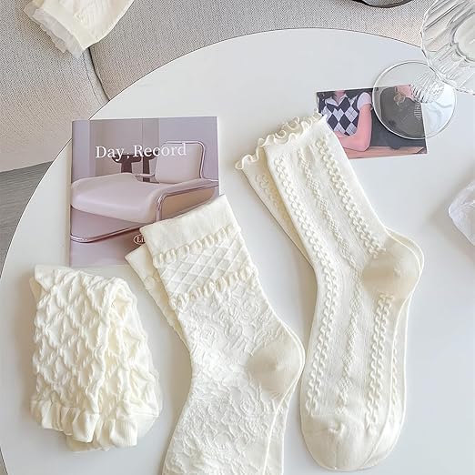 Image of Kelabia 5 Pair Cute Ankle Socks for Women - Coquette Cottagecore Ruffle Frilly Floral Knit Socks - Japanese Crew Causal Y2K