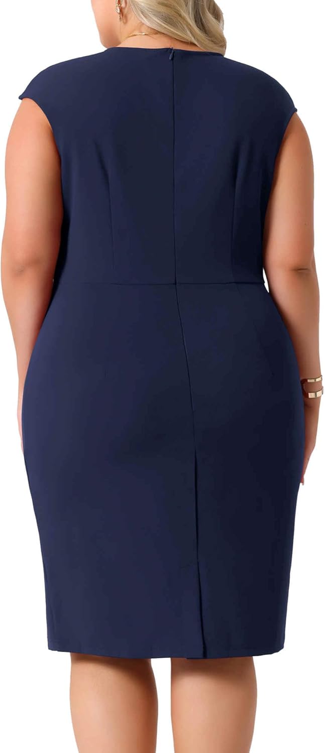 Agnes Orinda Plus Size Sheath Dresses for Women Notched V Neck Sleeveless Business Pencil Work Dress - Image 4