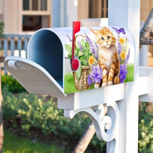 Image of Texupday Cute Cat Kitty Flower Butterfly Decoration Mailbox Cover with Magnetic Strip Spring Summer Floral Mailbox Wraps Post Letter Box Cover Standard Size 21 inch X 18 inch for Garden Outdoor Yard Decor