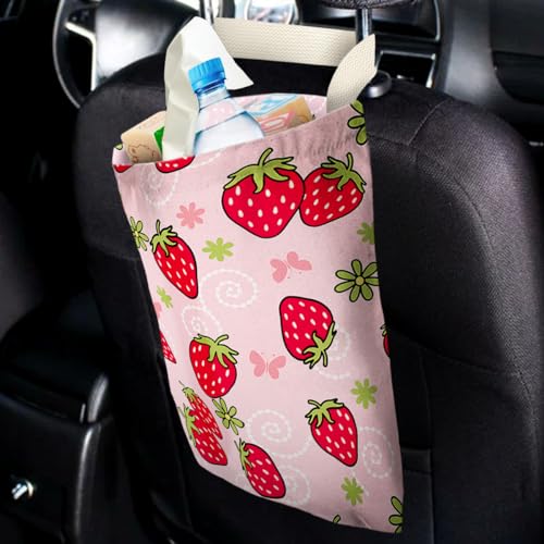 Image of Car Trash Bag Hanging No Snap Small Garbage Bag for Car Back Seat Cute Printed One-handed Strap Trash Bags Car Accessories-Strawberry Car Trash Bags