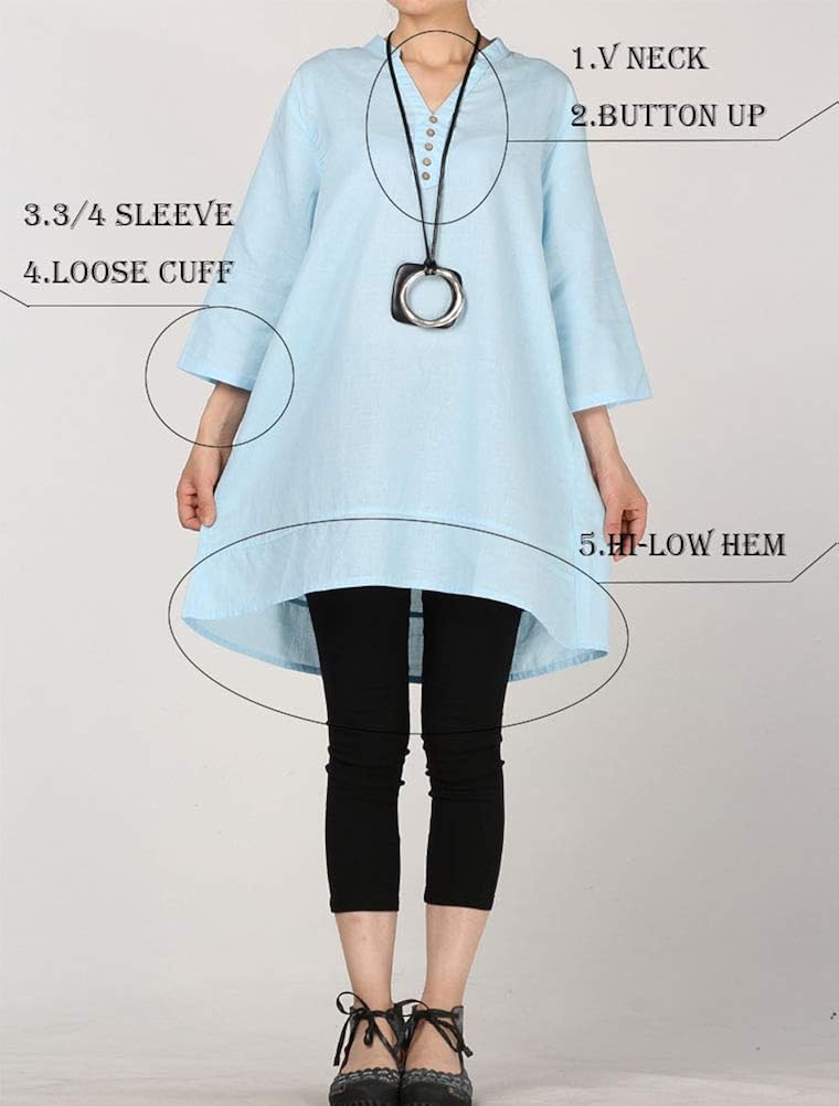 Mordenmiss Women's Cotton Linen Blouse V-Neck Tunic Tops 3/4 Sleeve Shirt Clothing at  Women’s Clothing store