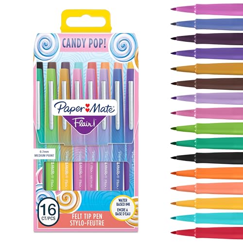 Paper Mate Flair Stylos feutres | Feutres de coloriage sans fuite à pointe moyenne (0,7 mm) | Idéal pour écrirecoloriage (adultes et enfants)scrapbookingetc. | Couleurs Candy Pop | Lot de 16