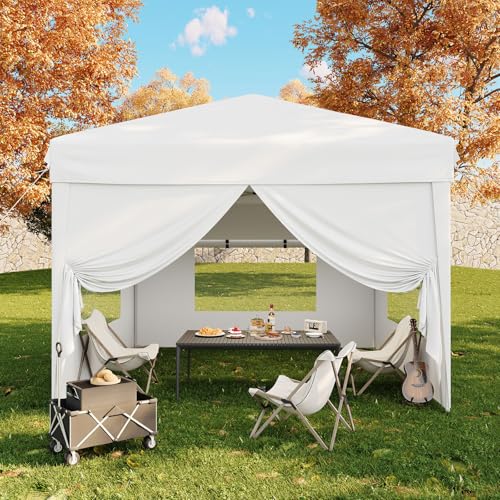 GarveeLife 10x10 Pop Up Canopy Tent with 4 SideWalls, Easy Up Canopy with 3 Adjustable Height, Outdoor Sun Shade with 4 Sandbags & Carrying Bag for Camping, Parties,Outdoor Events-White