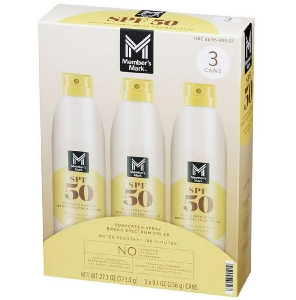Members Mark SPF 50 Sunscreen Spray 9 1 oz 3 Pack Broad Spectrum UVA UVB Protection Water Resistant