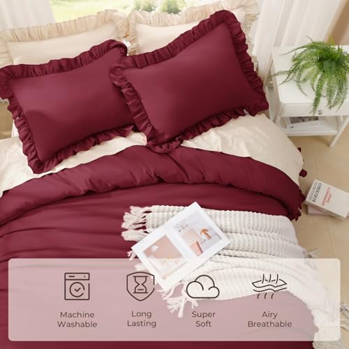 Image of Litanika Burgundy Twin Size Comforter Sets, 2 Pieces Ruffle Farmhouse Aesthetic Bedding Comforter Sets, All Season Soft Lightweight Fluffy Microfiber Bed Set(66x90In Comforter, 1 Pillowcase)