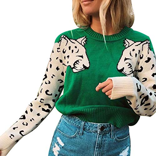 Junboon JPUS_MY050-GREEN-L Women’S Casual Leopard Print Knitted Pullover Sweaters Long Sleeve Crew Neck Jumper Tops Green thumb #1