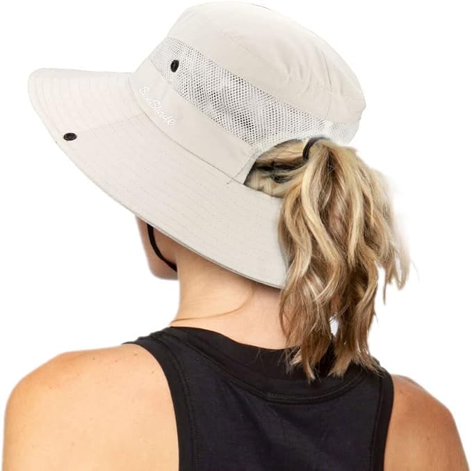 Women's Outdoor UV-Protection-Foldable Sun-Hats Mesh Wide-Brim Beach Fishing Hat with Ponytail-Hole