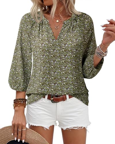 VALOLIA Women's 3/4 Sleeve Blouses Button Down Shirt Business V Neck Casual Clothing Blouses Dressy Casual Chiffon Tops