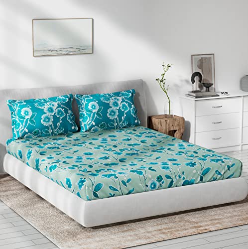 Image of DDECOR - Gardedn Glory 100% Cotton Double Bedsheet with 2 Pillow Covers, Turqouise
