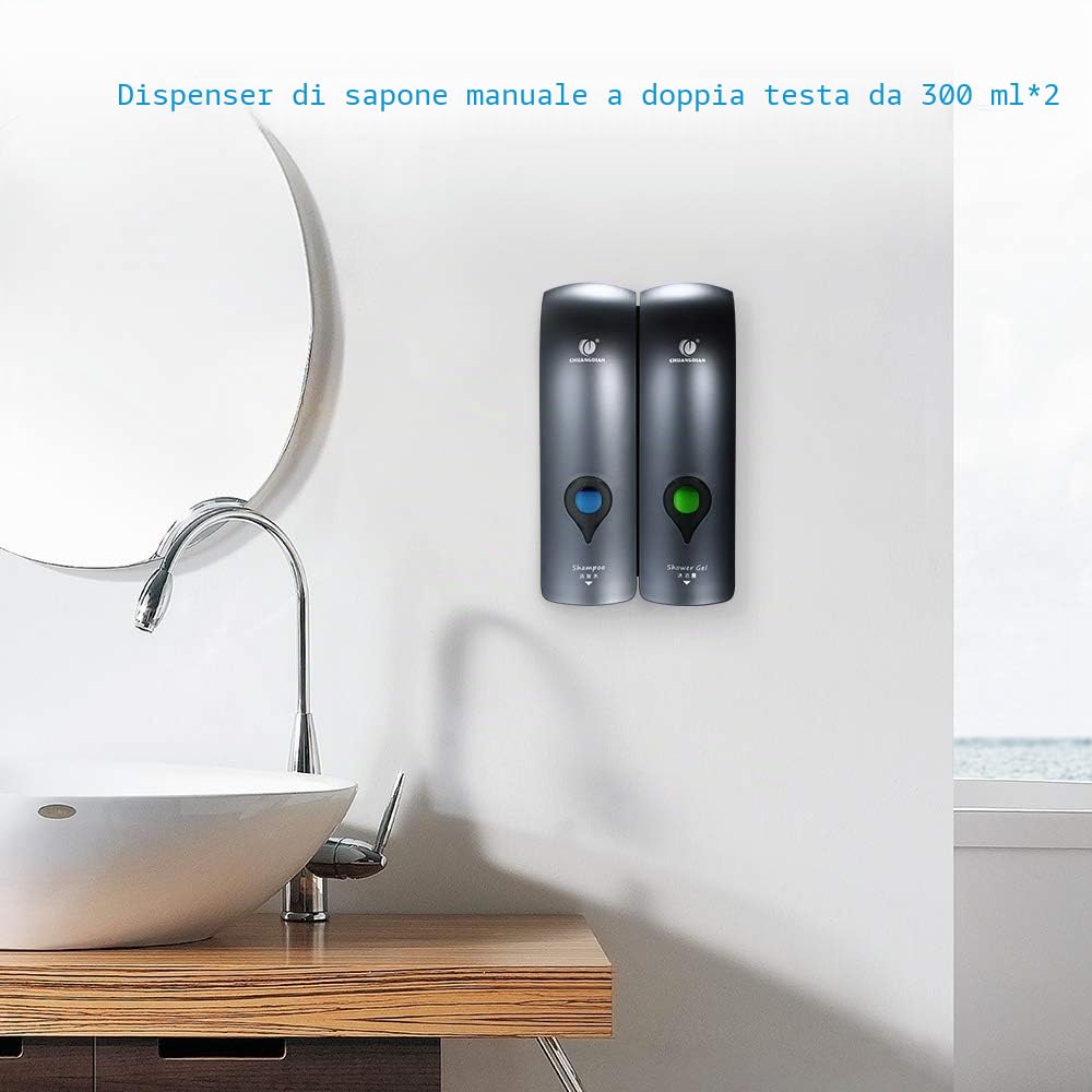 Decdeal 1 300ML x2 Manuale Dispenser di Sapone, Bagno Doccia Gel Shampoo Liquido Disinfettante Distributore di Dispenser,Senza Foratura（Grigio）
