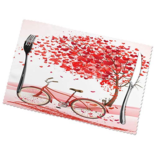 Valentine's Day Romantic Heart Tree and Bike Placemats Set of 6, Non-Slip Heat-Resistant Washable Table Place Mats for Kitchen Dining Home Decoration, 12 x 18 Inch