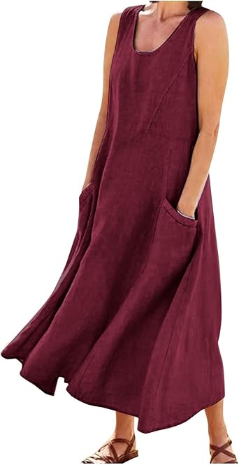 Plus Size Cotton Linen Summer Dresses for Curvy Women 2025 Sleeveless Maxi Vacation Beach Sundresses with Pockets