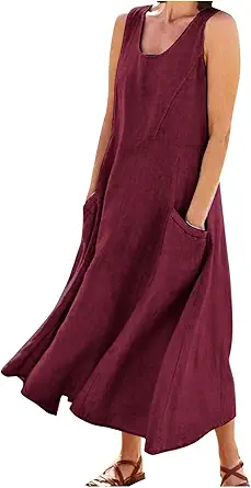 Plus Size Cotton Linen Summer Dresses for Curvy Women 2025 Sleeveless Maxi Vacation Beach Sundresses with Pockets