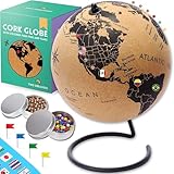 Large Cork Globe 12.6" Tall | World Travel Map with Metallic, Colored & National Flags Push Pins | 3D World Map Pin Board for Home or Office | Unique Gift for Travelers, Couples & Families