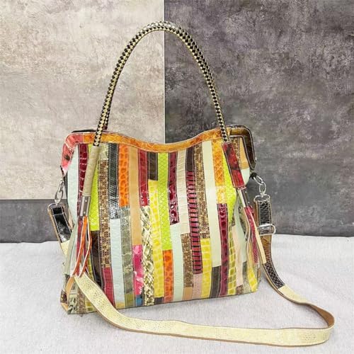 Genuine Leather Women's Bag Grain Colorful Stripe Spell Single Shoulder Slant Tote3