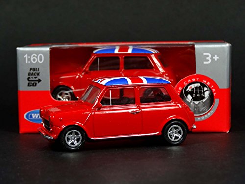Welly Mini Cooper Mini Model (Red) with Union Jack Top Made of Die Cast Metal and Plastic Parts, Pull Back & Go Action Toy