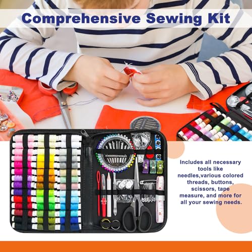 Image of JUNING Sewing Kit with Black Case Portable Sewing Supplies for for Mom Grandma Women Men Teen Girls Boys Adults Beginner, Home Travel, Emergency, 42 Threads, Scissors, Needles, Measuring Tape and More
