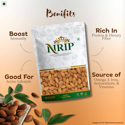 Image of NRIP 100% Pure Premium Californian Almonds /Badam 200g |Healthy Snacks, Dry fruits|High in Fiber|Badam Giri|Rich in Protein|Magnesium|Phosphorus|Dietary Fibre|Nuts & Dry Fruits|Zero Cholesterol