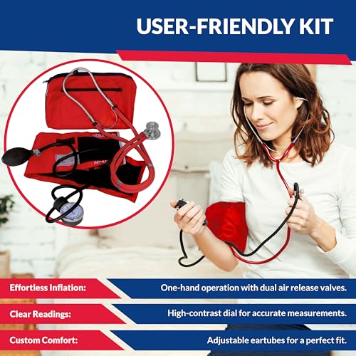 Image of Blood Pressure Monitor and Sprague Stethoscope Kit - 2-Pack, Adult Aneroid Sphygmomanometer with Dual-Head Stethoscope, Adjustable BP Cuff, Carrying Case & Accessories - Red