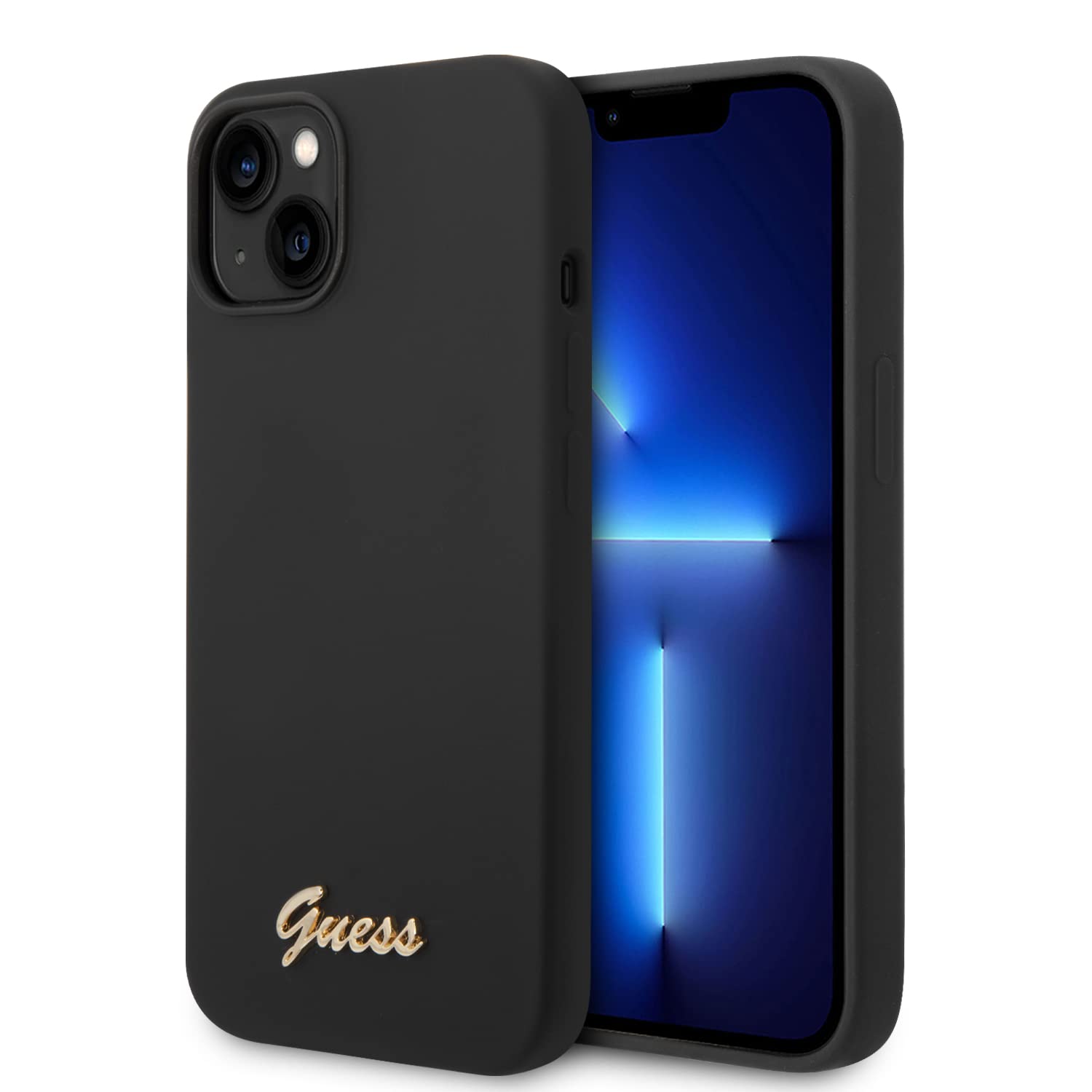 CG MOBILECG Mobile Guess Liquid Silicone Case With PC Camera Outline & Script Metal Logo - iPhone 14 Plus - Black