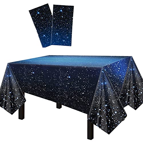FECEDY 2 Packs 54x108 Star Universe Blue Wave Point Disposable Plastic Table Cover Waterproof Tablecloths for Rectangle