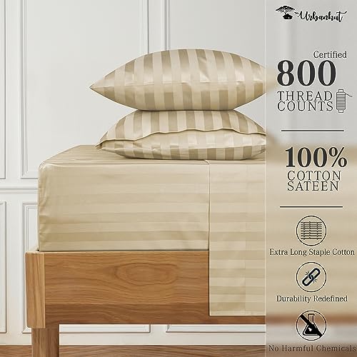 URBANHUT 800 Thread Count Egyptian Cotton Damask Striped Full Size Sheets Set (4 Pc) - Ultra Soft & Smooth, Sateen Weave Full Size Bed Sheets, Luxury Hotel Sheets with 16" Deep Pocket - Sand