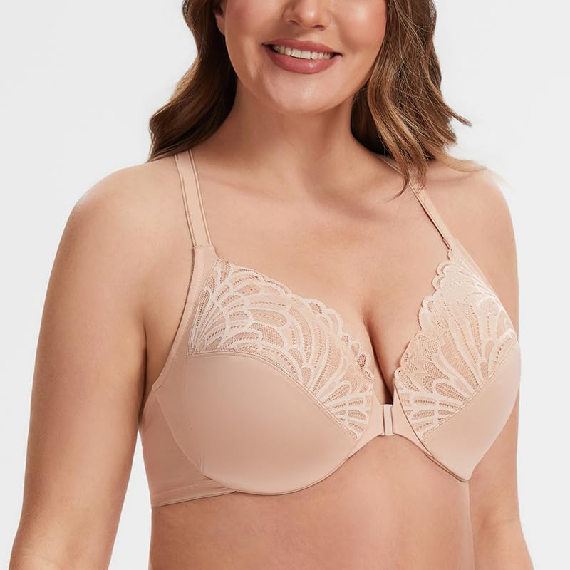 MELENECA Sujetador con Aros de Cobertura Completa para Mujer, con Cierre Frontal, Encaje, sin Forro, Talla Grande