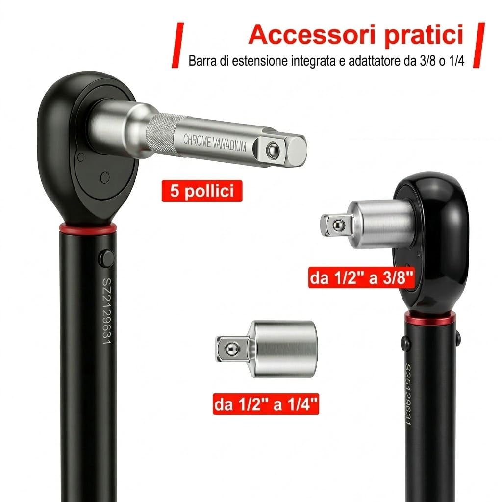 Set Chiave Dinamometrica Professionale 1/2", 13,5-217 Nm (10-160 ft-lb) con Bussole 17/19/21mm, Prolunga e Adattatori (1/4", 3/8"), Cricchetto di Precisione per Auto, Moto e Officina | Con bussole da 17/19/21 mm, prolunga da 12,7 cm, adattatore da 1/2" a
