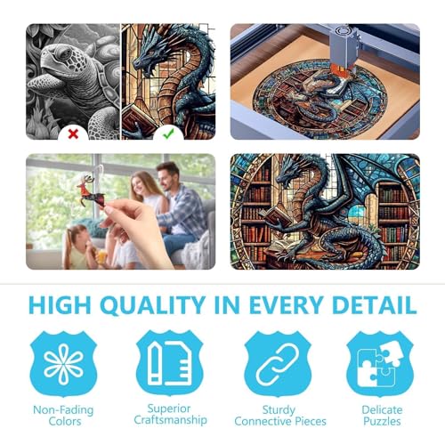 Rompecabezas de madera Dragon's Library para adultos, 300 piezas, 13.4 x 13.4 pulgadas | Piezas con forma única de animales, juegos de rompecabezas de dragón y decoración para el hogar, regalos para familiares y amigos miniatura 3