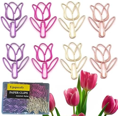 40 Pcs Metal Flower Paper Clips Set, Cute Large Decorative Paperclips for File Organization, School, Home Office and Wedding Decor 4 Colors(TULIPFLOWER)