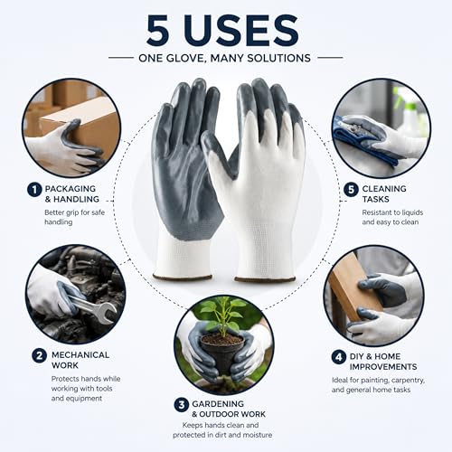 Image of 10 Pcs Reusable Multipurpose Nitrile Coated, Nylon Poyster Cotton Yarn Knitting, Safety Work Gloves For Men and Women - Gardening Hand Glove - Industrial Work, Cut-resistant, (5 Pairs Pack)