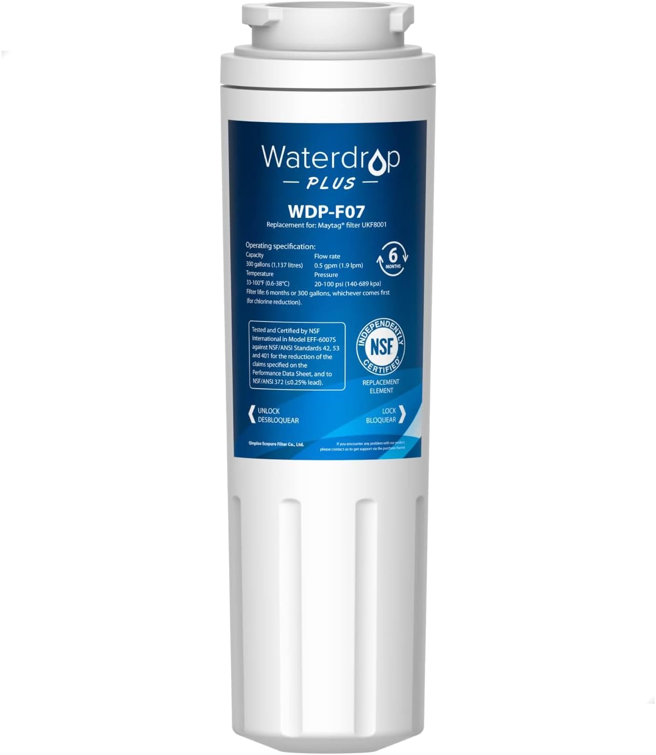 Waterdrop Plus UKF8001 NSF 401, 53 Certified Refrigerator Water Filterr, 𝐑𝐞𝐝𝐮𝐜𝐞 𝐏𝐅𝐀𝐒, Compatible with Whirlpool Everydrop Filter 4, EDR4RXD1, Maytag UKF8001AXX-200, Puriclean II, WDP-F07