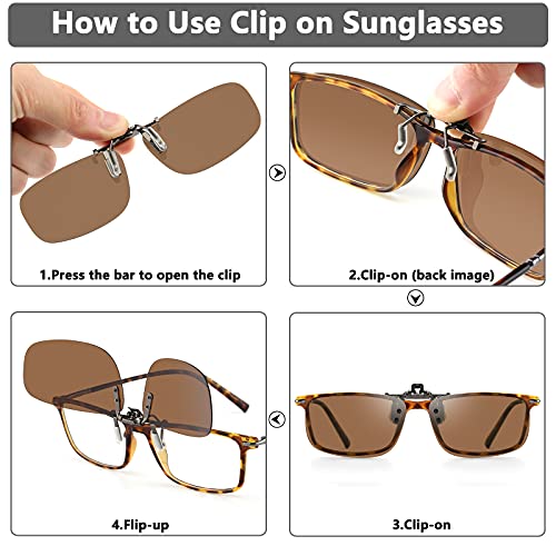 Image of CAXMAN Polarized Clip On Sunglasses Over Prescription Glasses or Reading Glasses for Men Women Flip Up Rimless Rectangle Lens Cover Eyeglasses, Brown Lens, 57 * 36mm