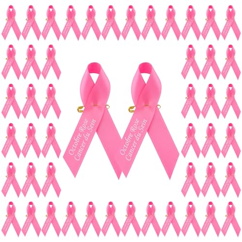 WANDIC 100 PCS Pin's Octobre Rose, Broches Épingle de Ruban Rose Cancer du Sein en Polyester Badge Accessoires Décoration de Ruban avec Texte Imprimé pour...