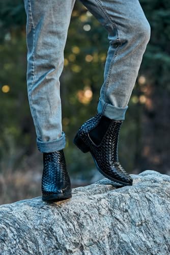 Image of CALTO Men's Invisible Height Increasing Elevator Shoes - Black Premium Leather Woven Slip-on Chelsea Ankle Boots - 3.3 Inches Taller - K30521 - Size 9.5 D(M) US