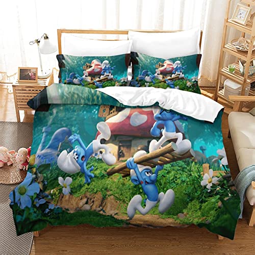 Schtroumpf Housse De Couette Ensemble De Literie De 3 Pièces Imprimée en 3D Ensemble Douce Microfibre Couette Housse Taie d'oreiller avec Fermetur À Glissière Roi（220x240cm）