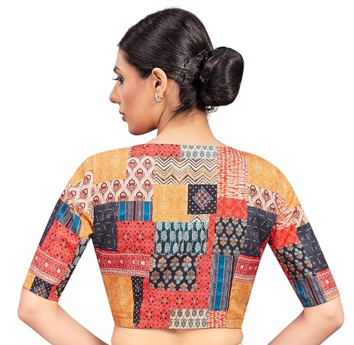 Image of Studio Shringaar Women's Cotton Patchwork Printed Readymade Saree Half Sleeve Blouse