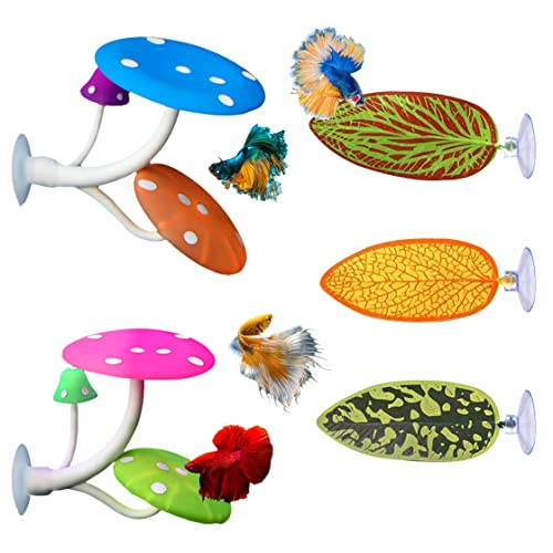 HyzaPhix 5pcs Betta Fish Leaf Pad Mushroom Silicone Betta Bed Realistic Betta Resting leaves Mushroom Betta decor for Small Fish Tank Aquarium Decorations (5PCS)