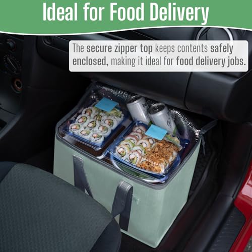 Image of VENO 2 Pack Insulated Grocery Bags, Hard Bottom, Light Green | Heavy Duty, Water-Resistant, Reusable Shopping Bags, Foldable, Zippered, Easy Clean, Food Delivery, Grocery Shopping, Picnic