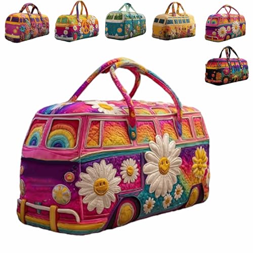 Hippie Van Quilted Duffle Bag Boho Travel Weekender Bag with Strap Retro Style for Everyday Travel